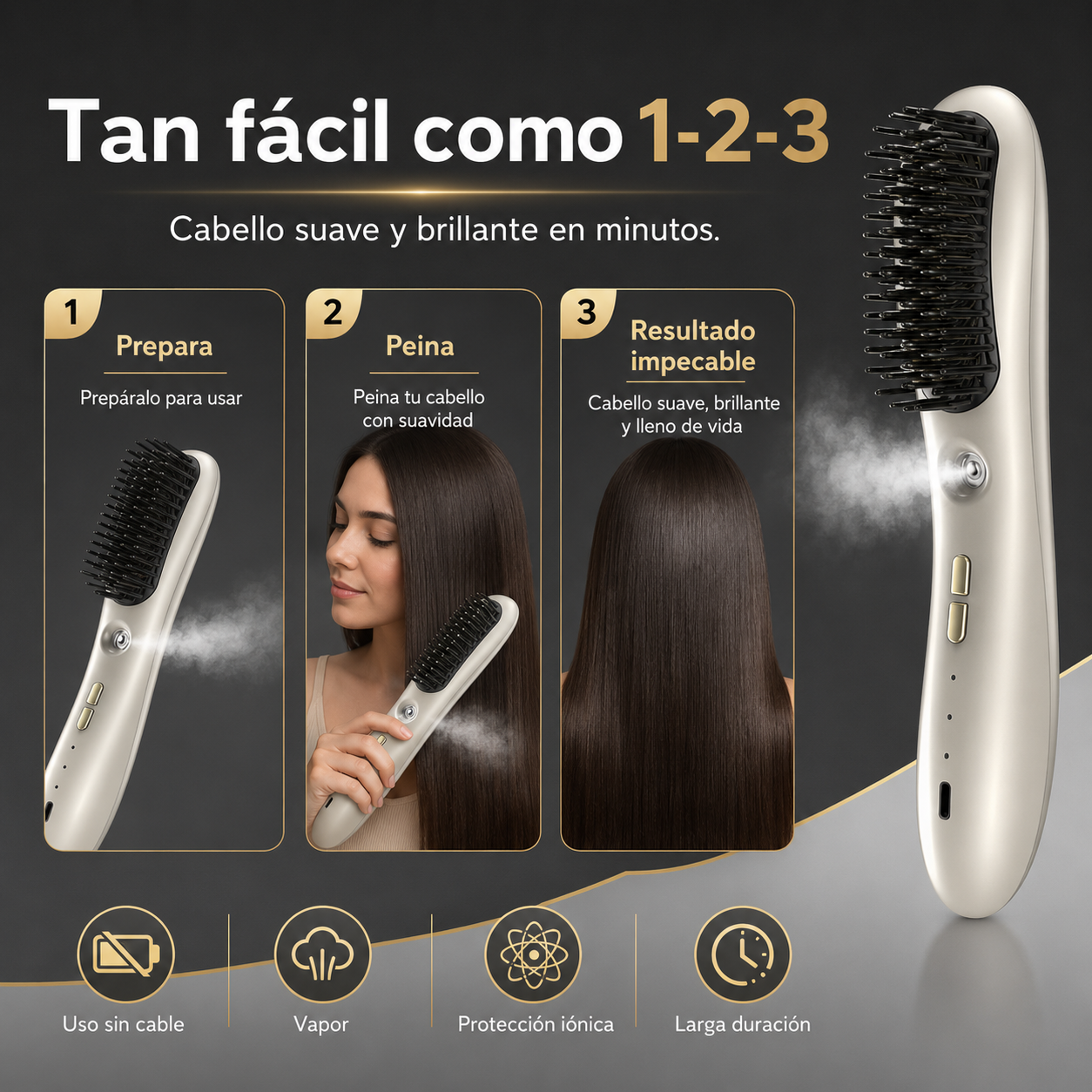 Cepillo Alisador Inalámbrico con Vapor – Cabello Liso, Brillante y Sin Encrespamiento