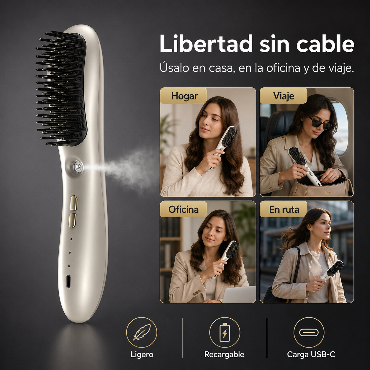 Cepillo Alisador Inalámbrico con Vapor – Cabello Liso, Brillante y Sin Encrespamiento