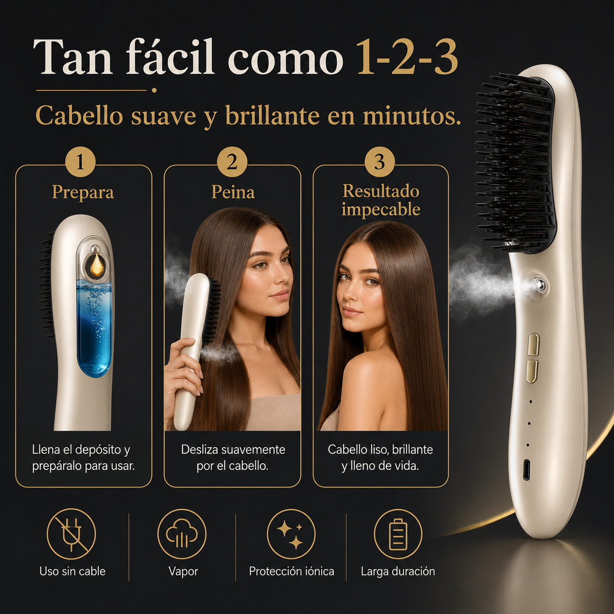 Cepillo Alisador Inalámbrico con Vapor – Cabello Liso, Brillante y Sin Encrespamiento
