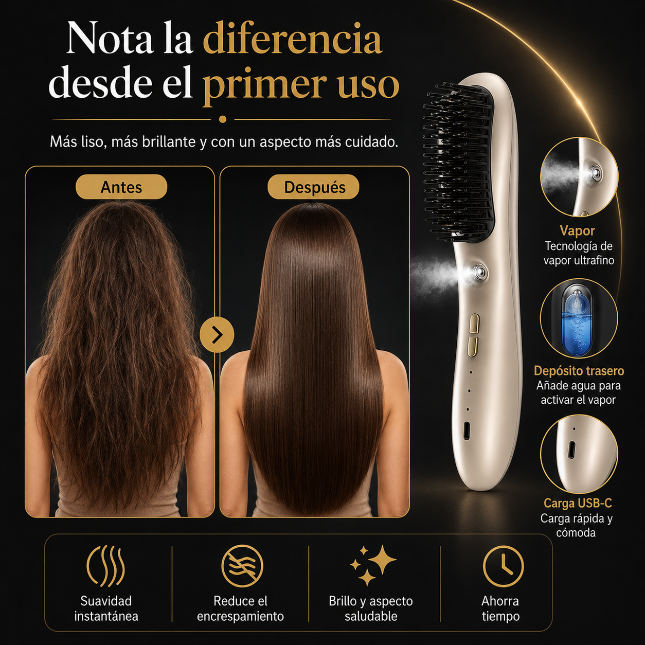 Cepillo Alisador Inalámbrico con Vapor – Cabello Liso, Brillante y Sin Encrespamiento